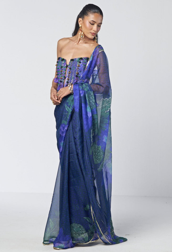 Rishi and Vibhuti Blue Printed Organza Saree With CorsetFabilicious Fashion