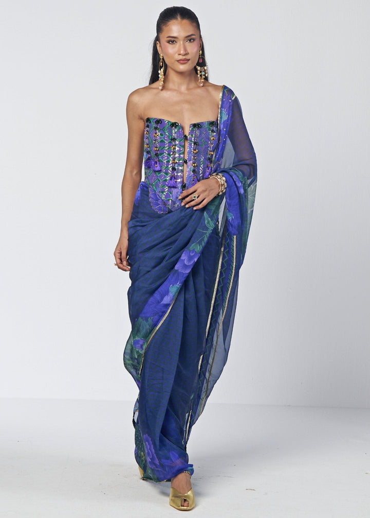 Rishi and Vibhuti Blue Printed Organza Saree With CorsetFabilicious Fashion