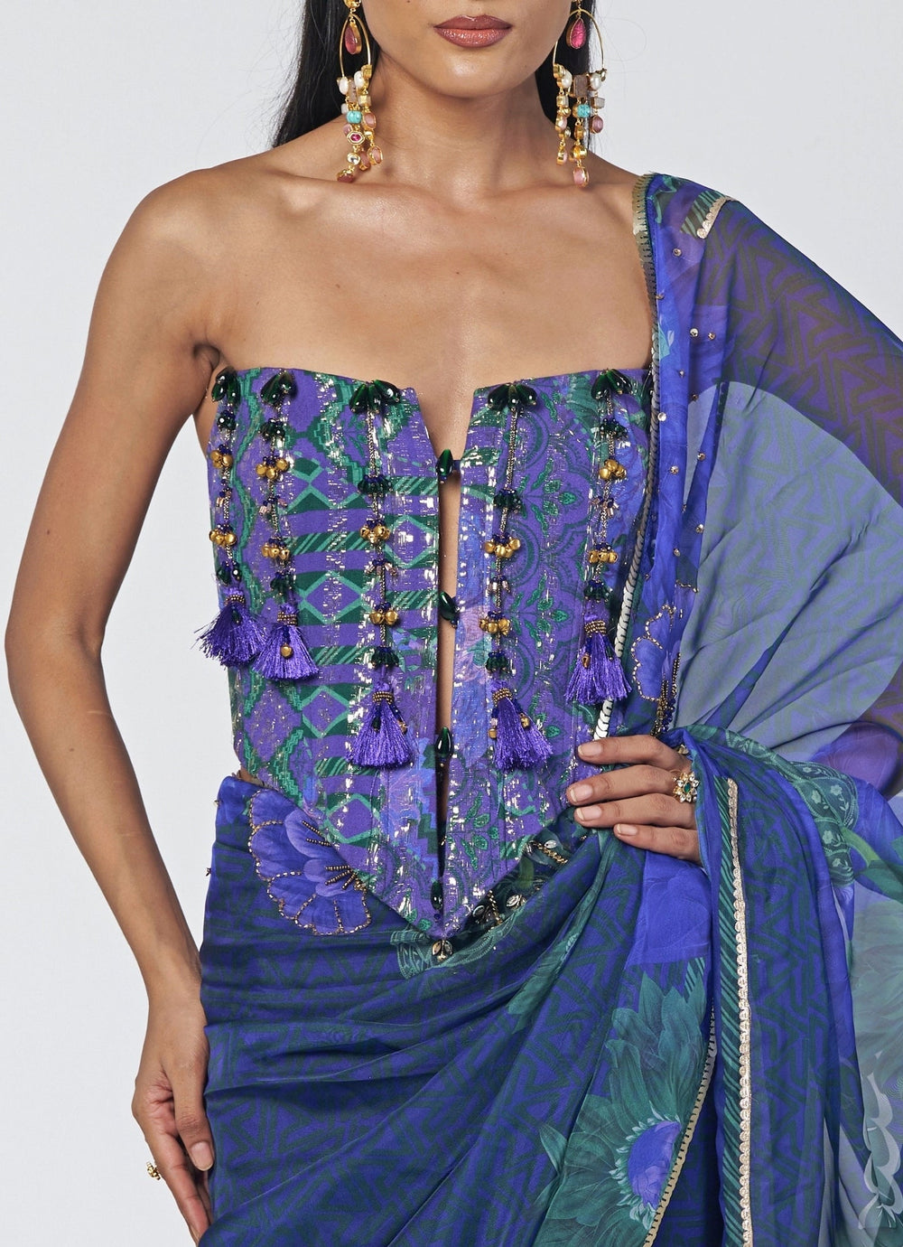 Rishi and Vibhuti Blue Printed Organza Saree With CorsetFabilicious Fashion