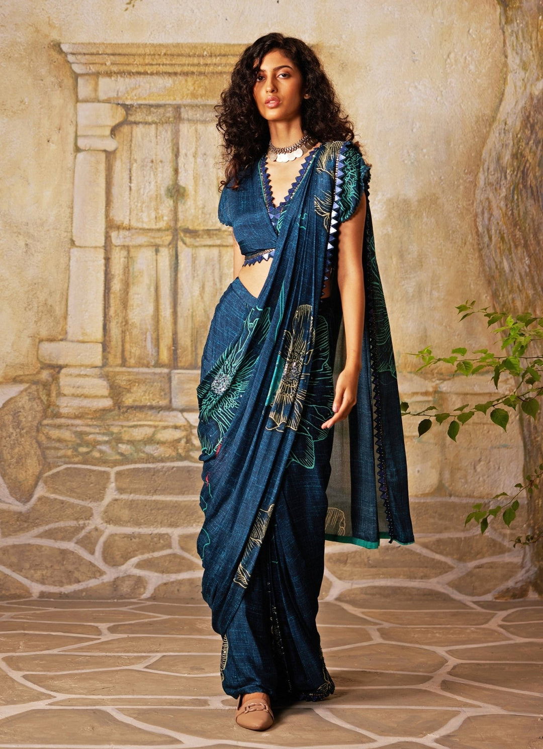 Blue Printed Pre - Draped Chiffon Saree Basil Leaf - Fabilicious Fashion