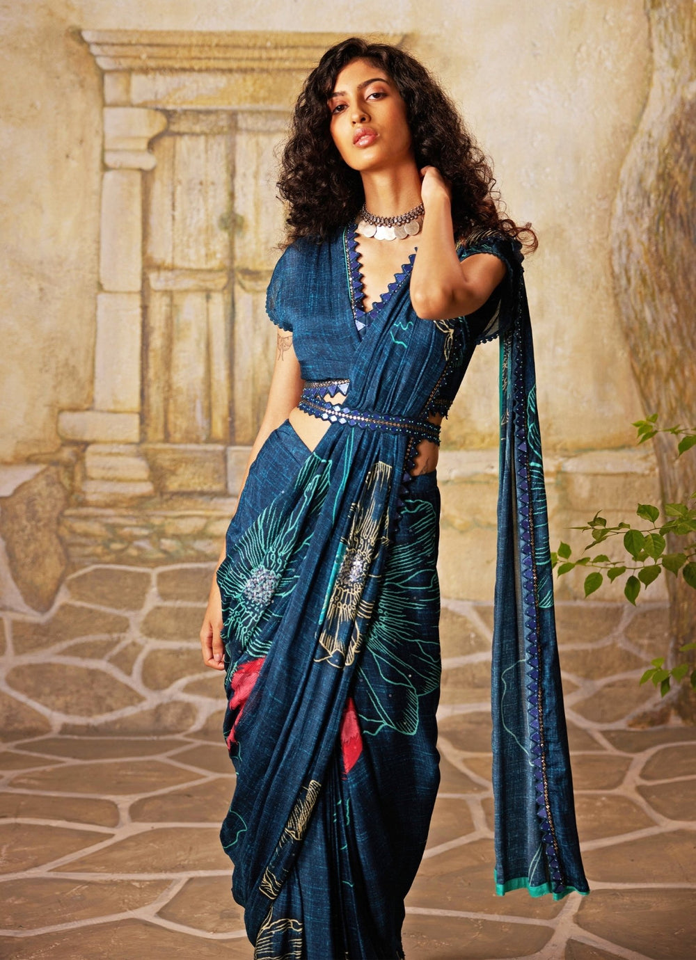 Blue Printed Pre - Draped Chiffon Saree Basil Leaf - Fabilicious Fashion