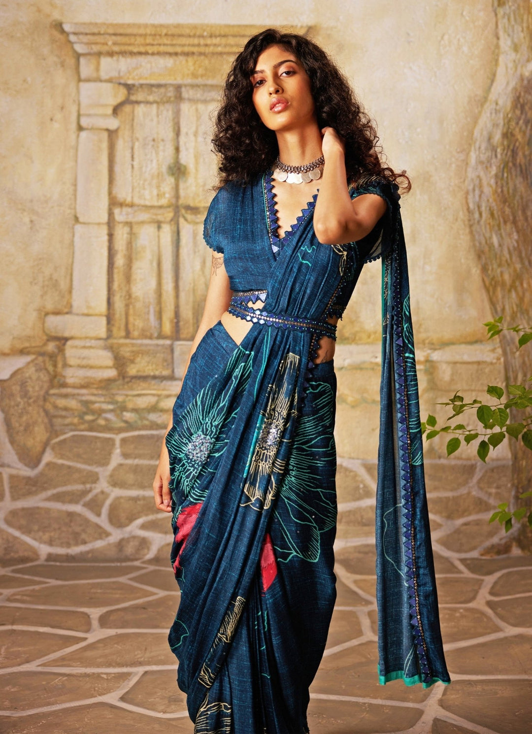Blue Printed Pre - Draped Chiffon Saree Basil Leaf - Fabilicious Fashion