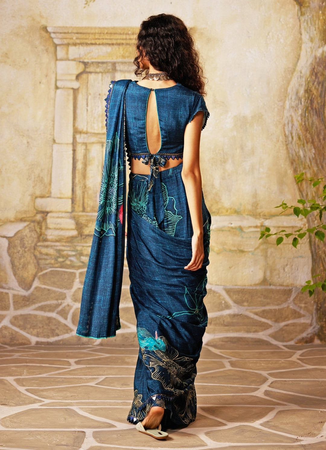 Blue Printed Pre - Draped Chiffon Saree Basil Leaf - Fabilicious Fashion