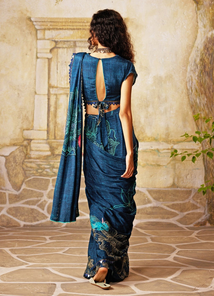 Blue Printed Pre - Draped Chiffon Saree Basil Leaf - Fabilicious Fashion