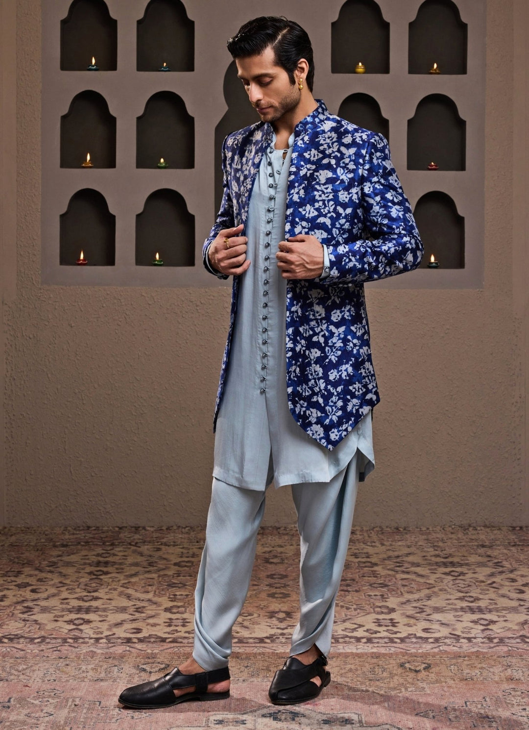 Blue Printed Raw Silk Long Jacket Kurta Set Nitika Gujral - Men - Fabilicious Fashion