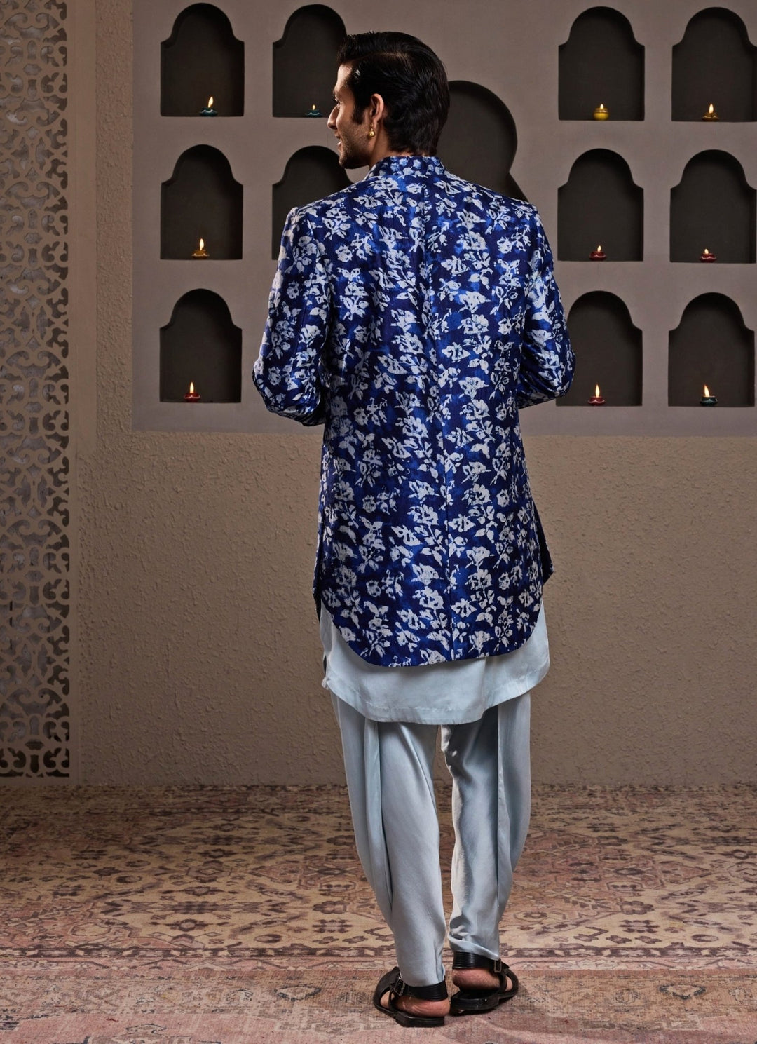 Blue Printed Raw Silk Long Jacket Kurta Set Nitika Gujral - Men - Fabilicious Fashion