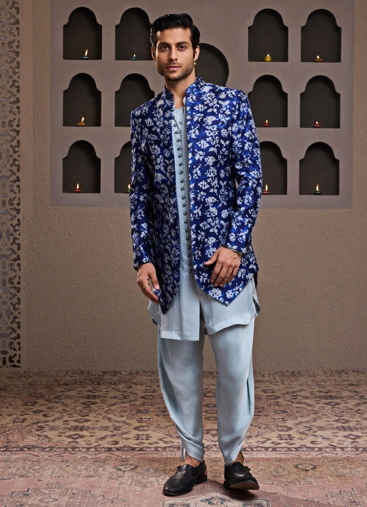 Blue Printed Raw Silk Long Jacket Kurta Set Nitika Gujral - Men - Fabilicious Fashion