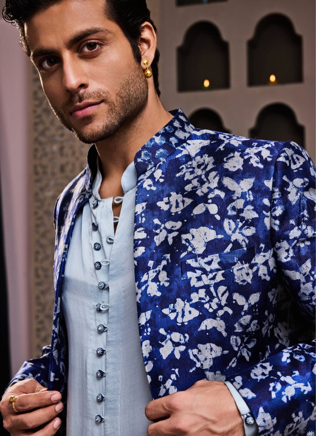 Blue Printed Raw Silk Long Jacket Kurta Set Nitika Gujral - Men - Fabilicious Fashion