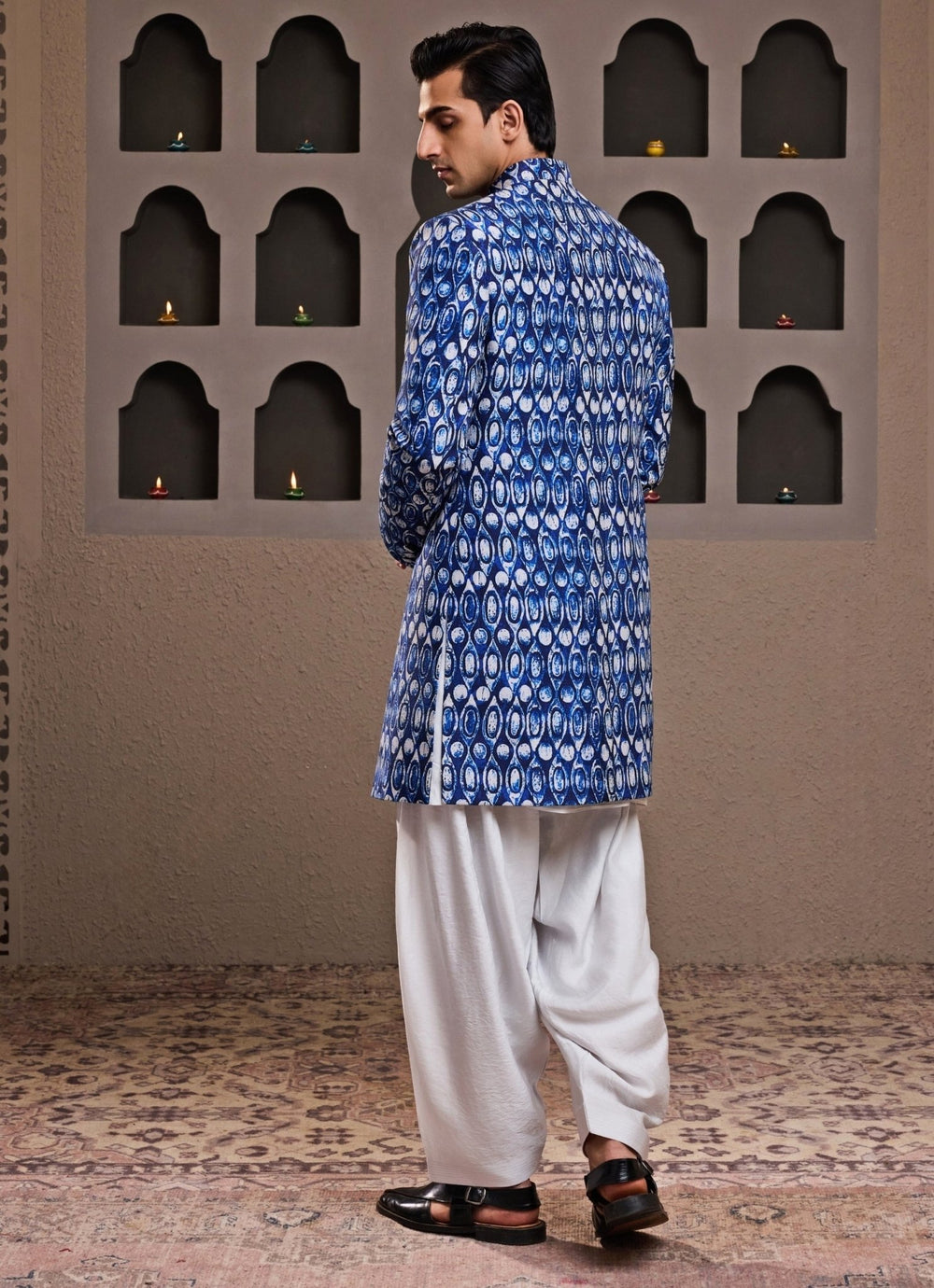 Blue Printed Raw Silk Sherwani Set Nitika Gujral - Men - Fabilicious Fashion