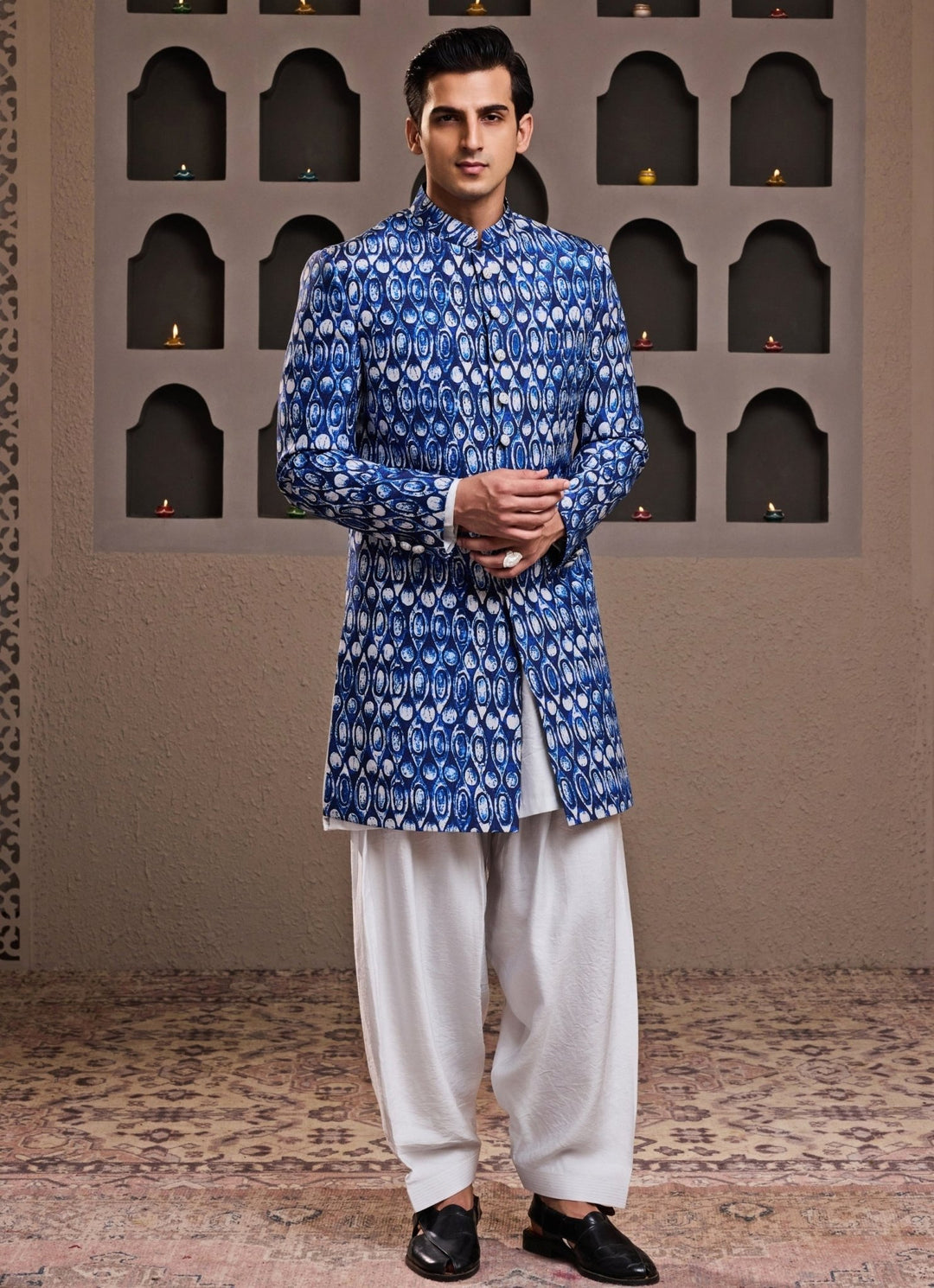 Blue Printed Raw Silk Sherwani Set Nitika Gujral - Men - Fabilicious Fashion