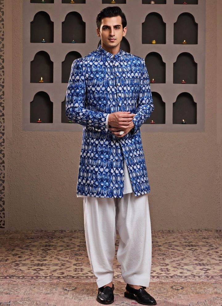 Blue Printed Raw Silk Sherwani Set Nitika Gujral - Men - Fabilicious Fashion