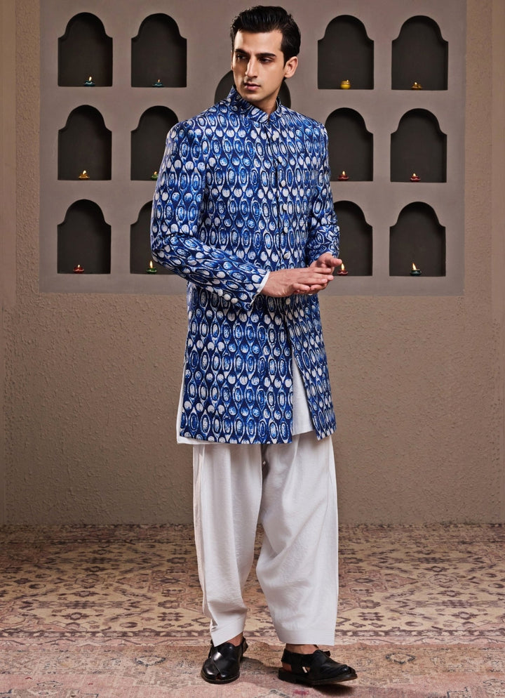 Blue Printed Raw Silk Sherwani Set Nitika Gujral - Men - Fabilicious Fashion