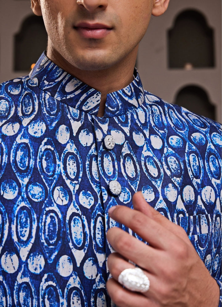 Blue Printed Raw Silk Sherwani Set Nitika Gujral - Men - Fabilicious Fashion