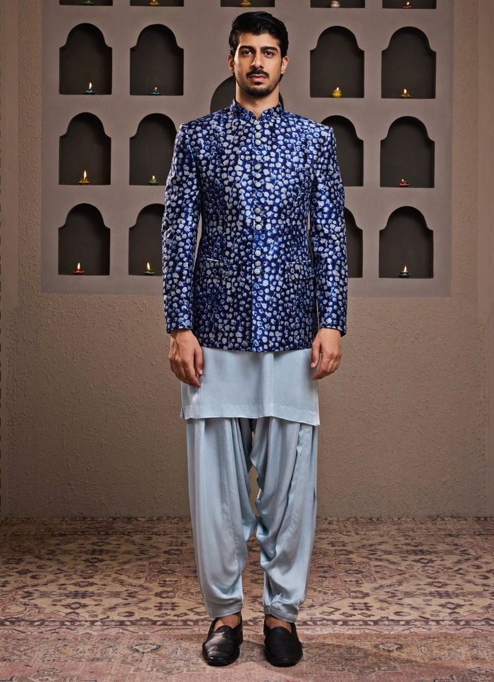 Blue Printed Raw Silk Short Jacket Kurta Set Nitika Gujral - Men - Fabilicious Fashion