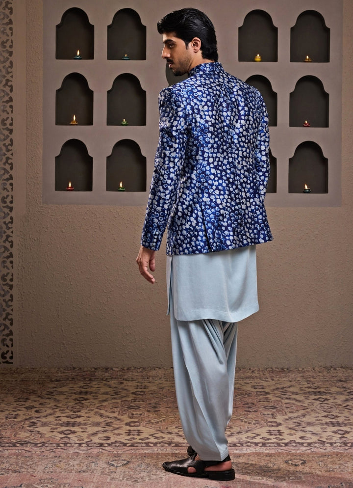 Blue Printed Raw Silk Short Jacket Kurta Set Nitika Gujral - Men - Fabilicious Fashion