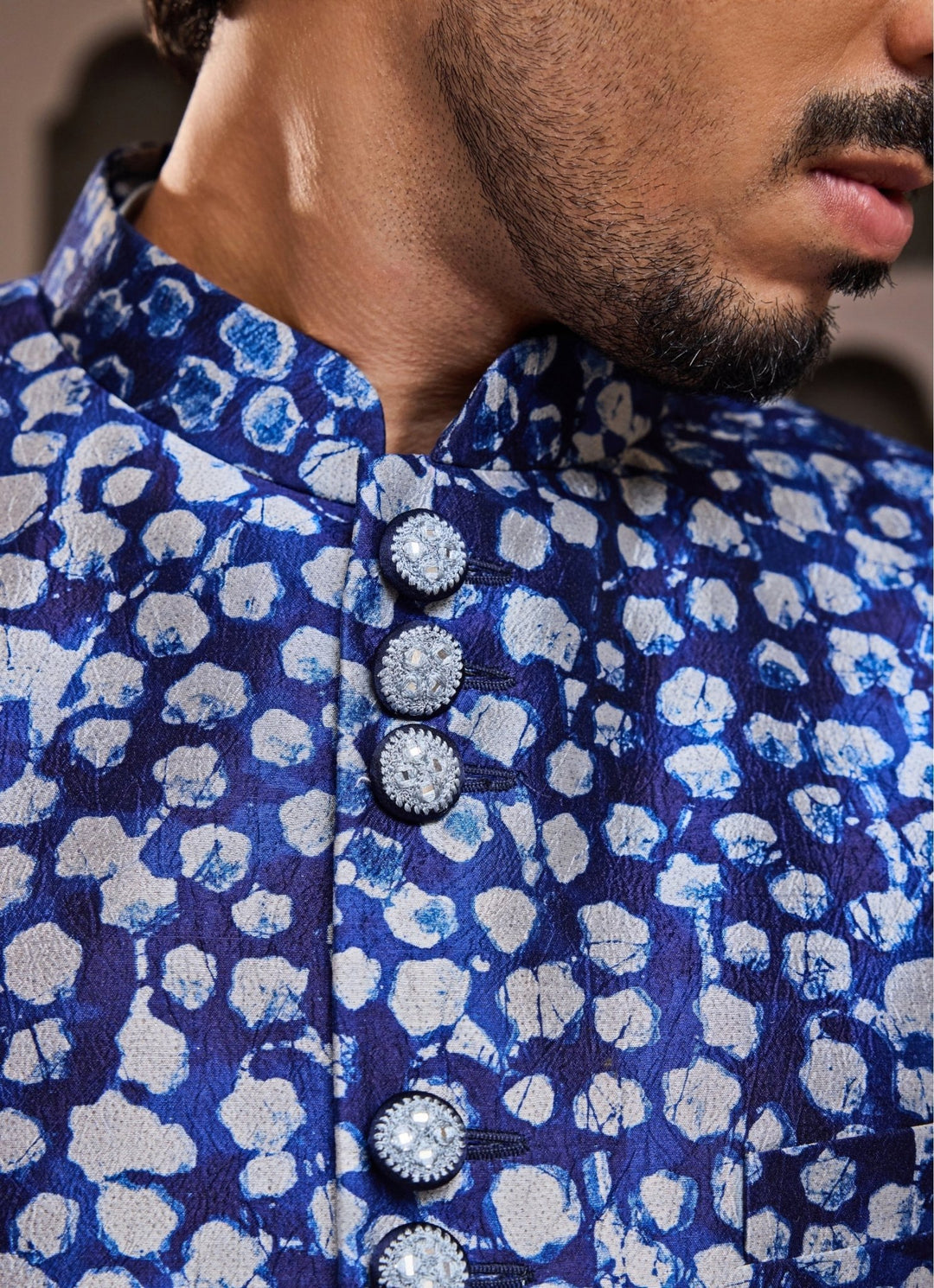 Blue Printed Raw Silk Short Jacket Kurta Set Nitika Gujral - Men - Fabilicious Fashion