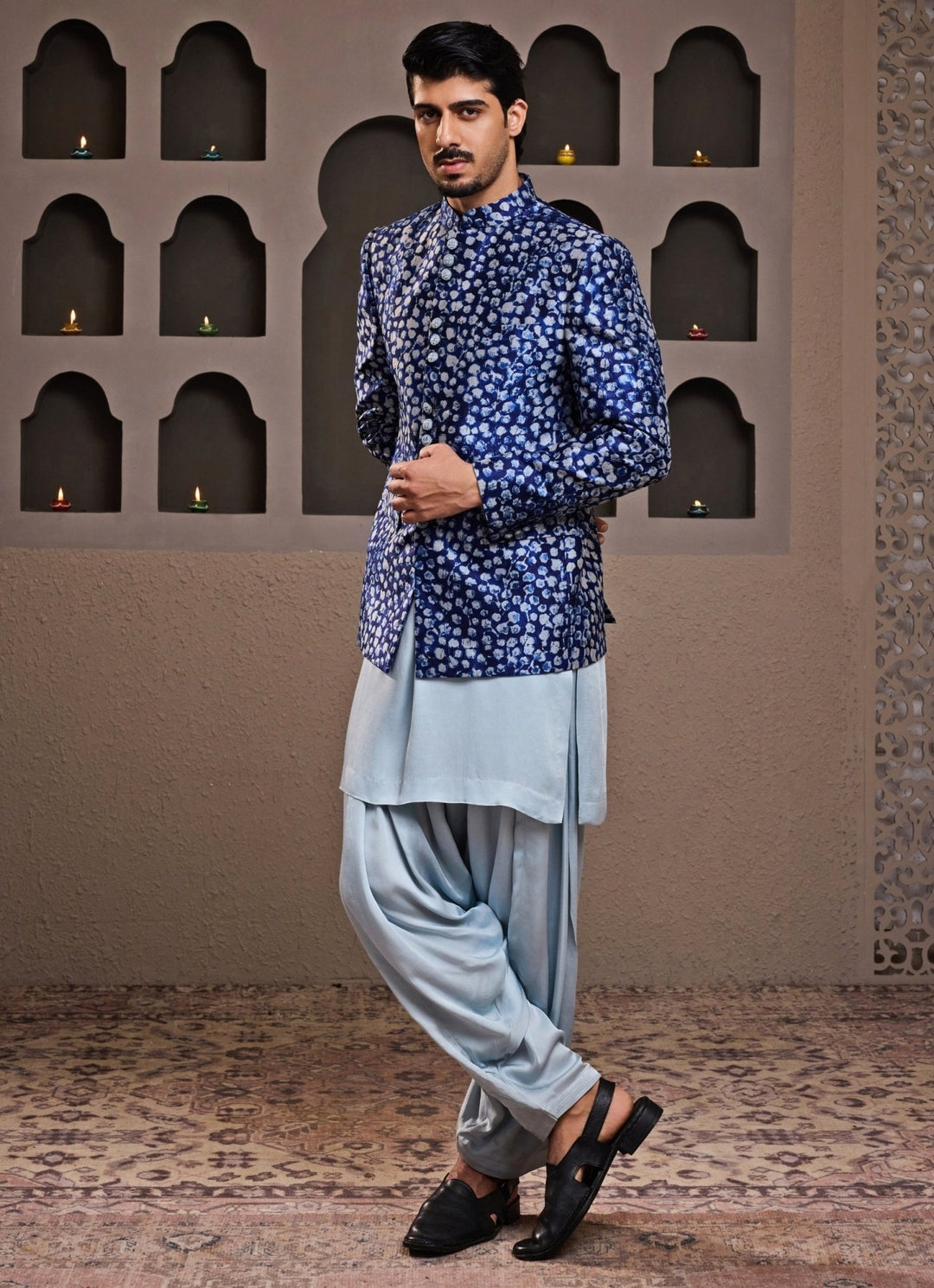 Blue Printed Raw Silk Short Jacket Kurta Set Nitika Gujral - Men - Fabilicious Fashion