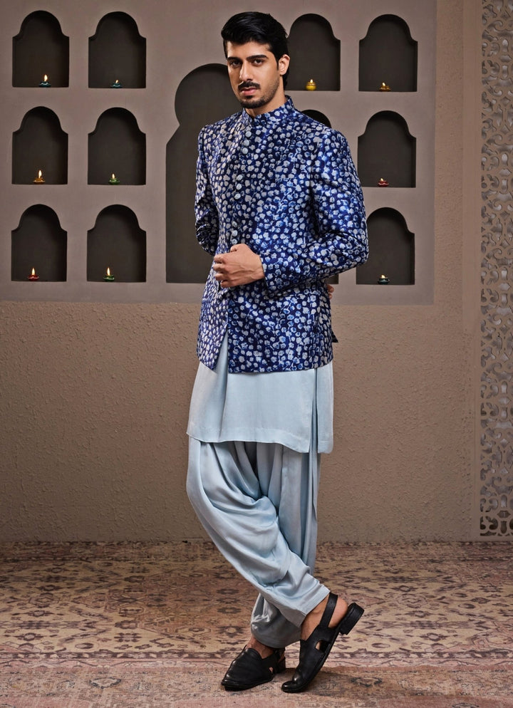 Blue Printed Raw Silk Short Jacket Kurta Set Nitika Gujral - Men - Fabilicious Fashion