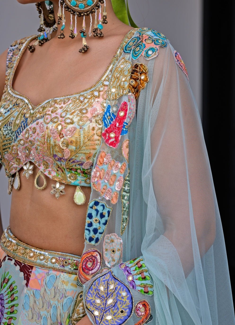 Blue Printed Satin Lehenga Set With Sequins Blouse Juhi Bengani - Fabilicious Fashion