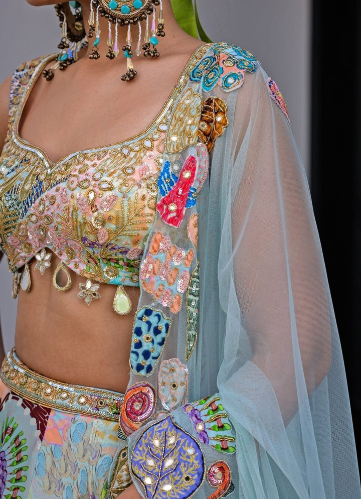Blue Printed Satin Lehenga Set With Sequins Blouse Juhi Bengani - Fabilicious Fashion