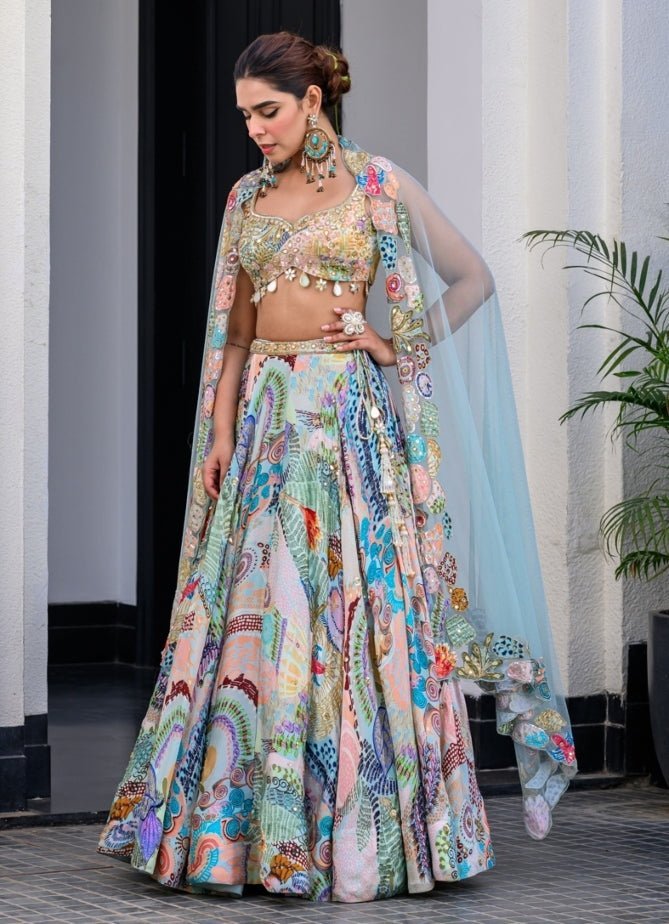 Blue Printed Satin Lehenga Set With Sequins Blouse Juhi Bengani - Fabilicious Fashion
