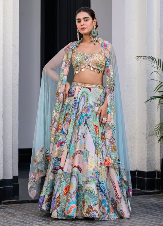 Blue Printed Satin Lehenga Set With Sequins Blouse Juhi Bengani - Fabilicious Fashion