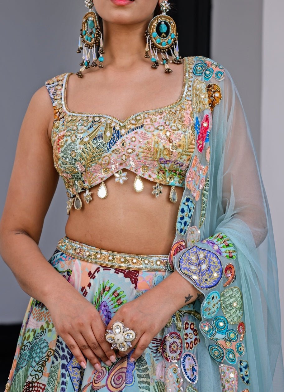 Blue Printed Satin Lehenga Set With Sequins Blouse Juhi Bengani - Fabilicious Fashion