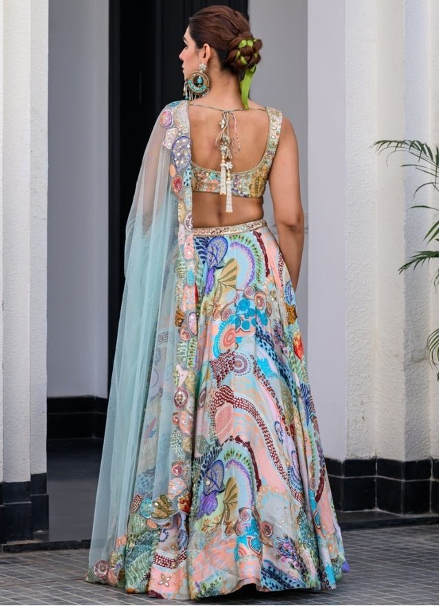 Blue Printed Satin Lehenga Set With Sequins Blouse Juhi Bengani - Fabilicious Fashion