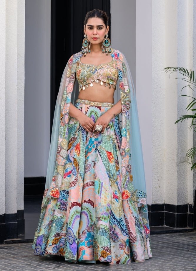 Blue Printed Satin Lehenga Set With Sequins Blouse Juhi Bengani - Fabilicious Fashion