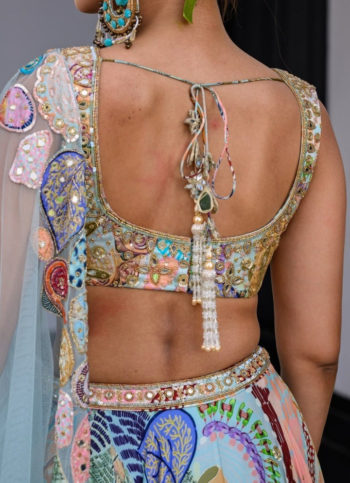 Blue Printed Satin Lehenga Set With Sequins Blouse Juhi Bengani - Fabilicious Fashion