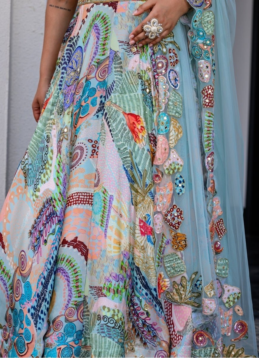 Blue Printed Satin Lehenga Set With Sequins Blouse Juhi Bengani - Fabilicious Fashion