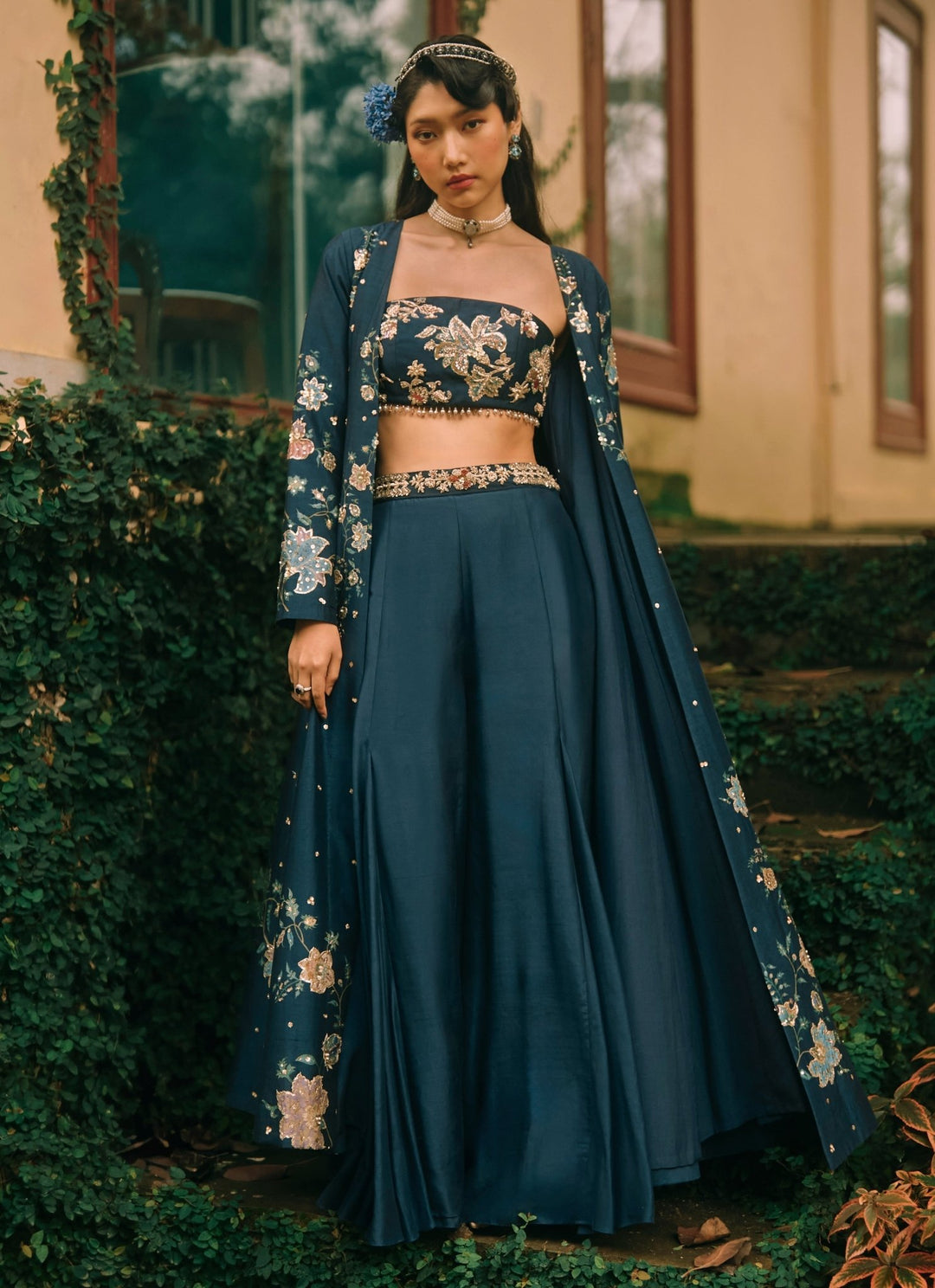 Paulmi and Harsh Blue Printed Silk Blouse Palazzo Set With JacketFabilicious Fashion