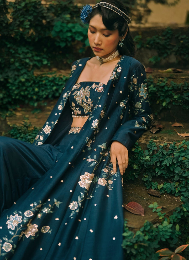 Paulmi and Harsh Blue Printed Silk Blouse Palazzo Set With JacketFabilicious Fashion