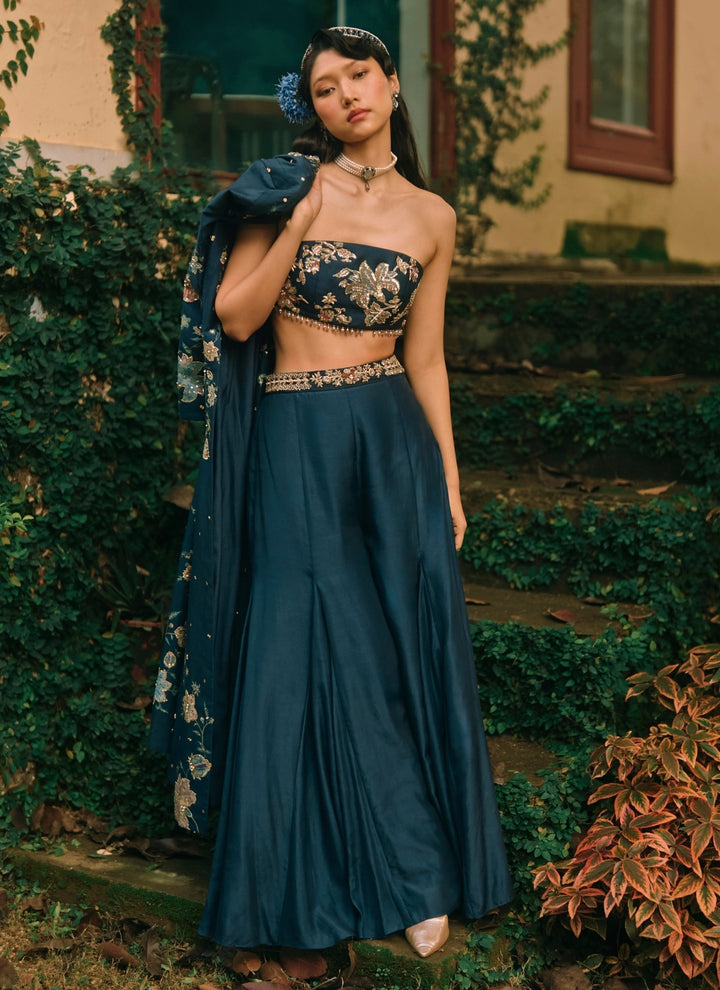 Paulmi and Harsh Blue Printed Silk Blouse Palazzo Set With JacketFabilicious Fashion