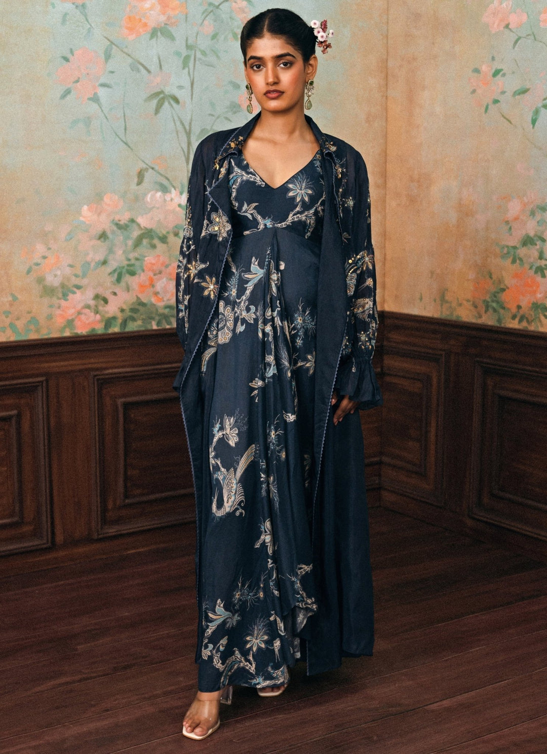 Paulmi and Harsh Blue Printed Silk Maxi Dress With JacketFabilicious Fashion
