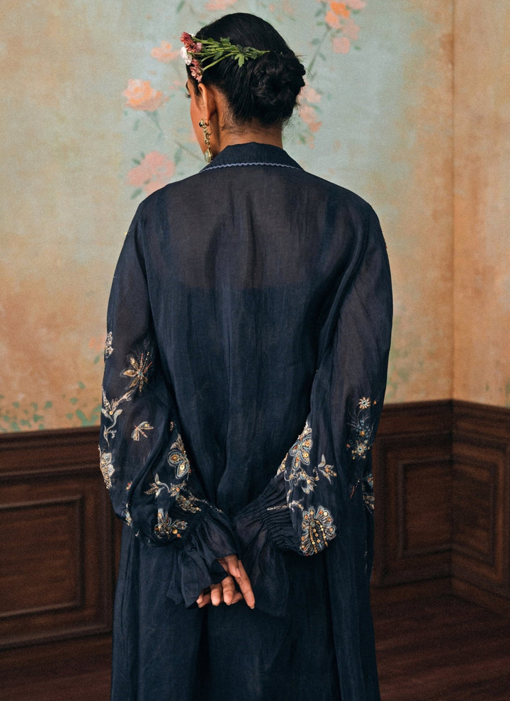 Paulmi and Harsh Blue Printed Silk Maxi Dress With JacketFabilicious Fashion