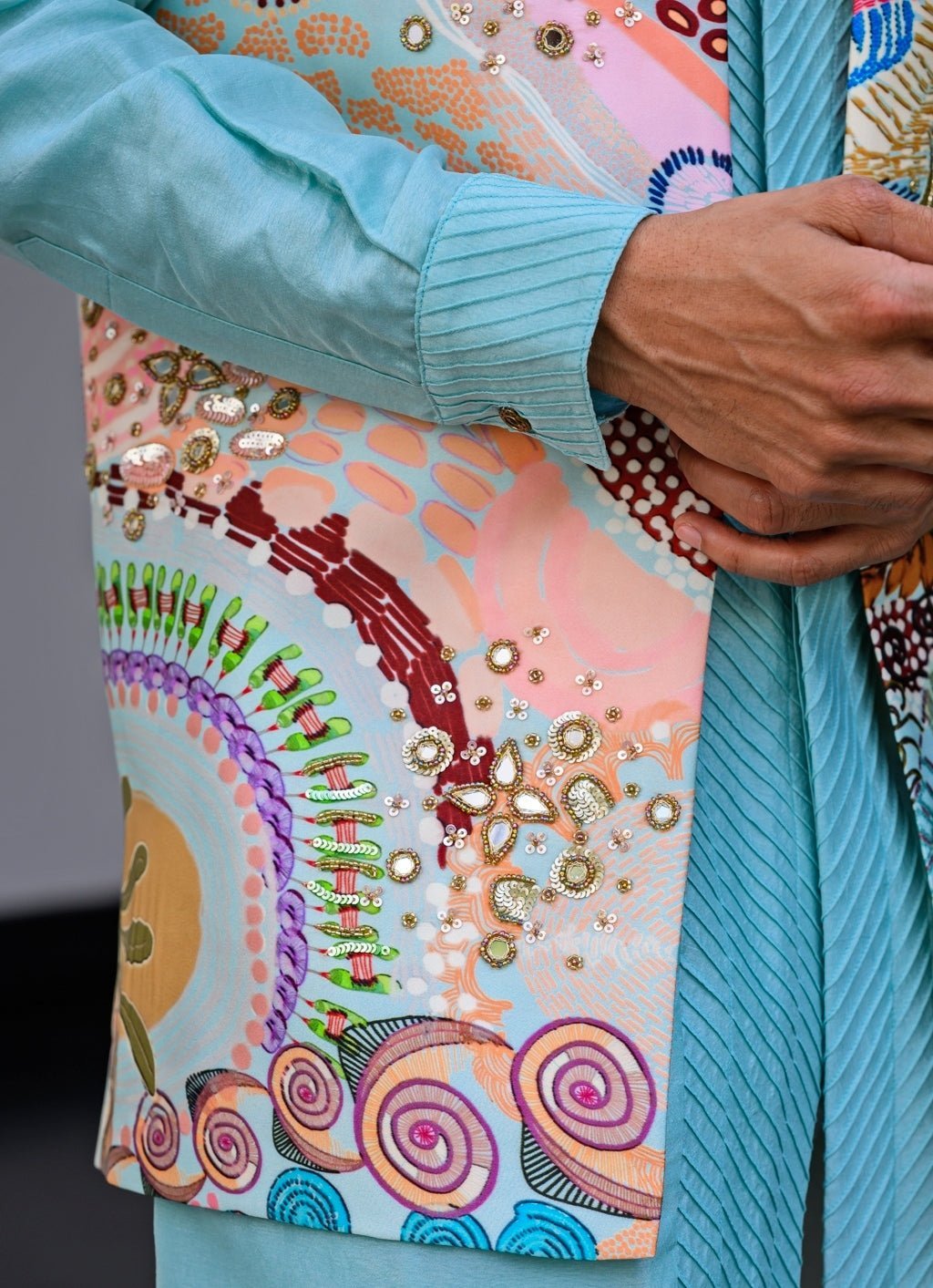 Blue Printed Silk Nehru Jacket Set Juhi Bengani - Men - Fabilicious Fashion