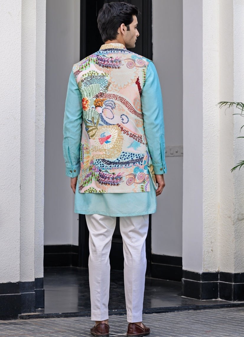 Blue Printed Silk Nehru Jacket Set Juhi Bengani - Men - Fabilicious Fashion