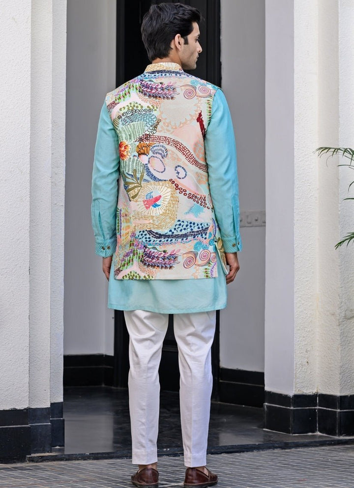 Blue Printed Silk Nehru Jacket Set Juhi Bengani - Men - Fabilicious Fashion