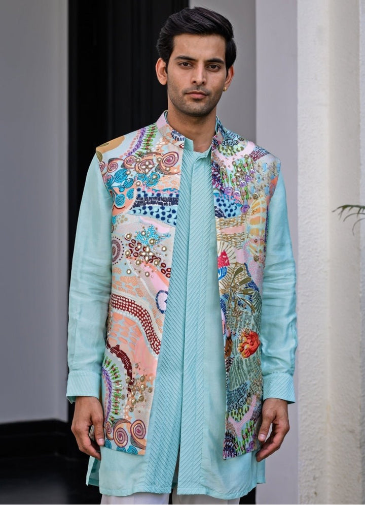 Blue Printed Silk Nehru Jacket Set Juhi Bengani - Men - Fabilicious Fashion