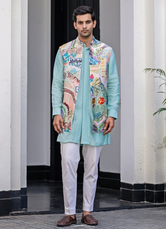 Blue Printed Silk Nehru Jacket Set Juhi Bengani - Men - Fabilicious Fashion