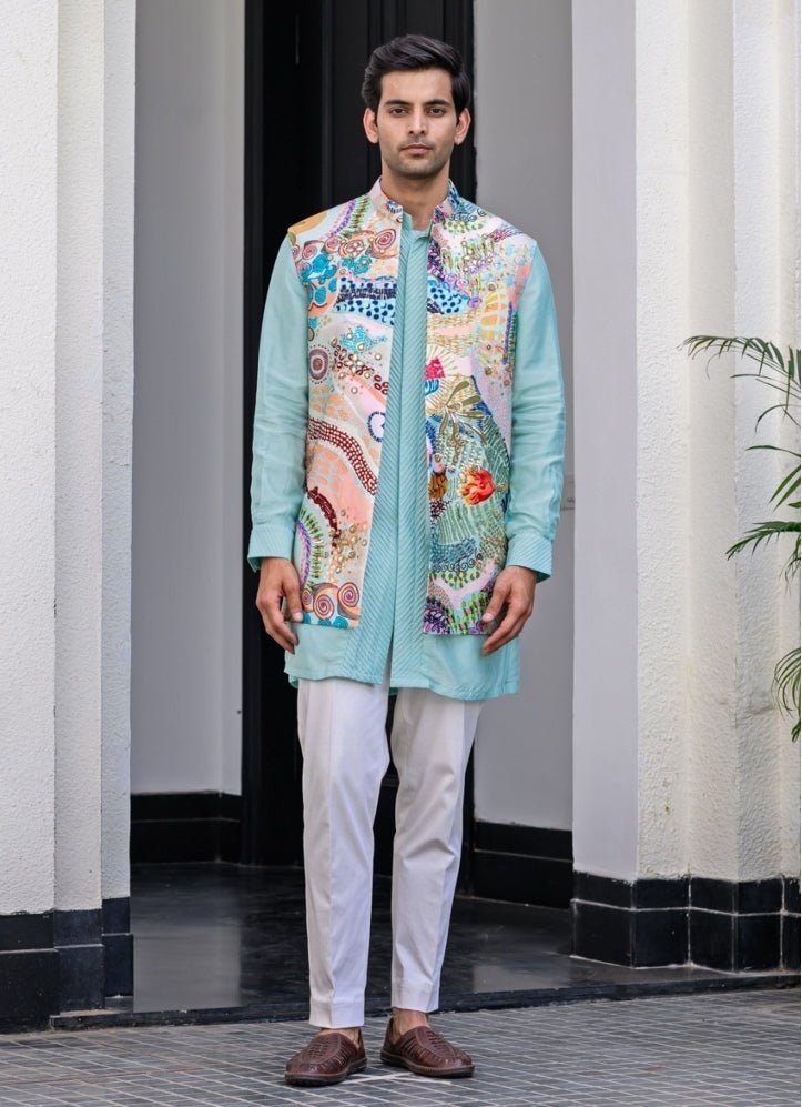 Blue Printed Silk Nehru Jacket Set Juhi Bengani - Men - Fabilicious Fashion