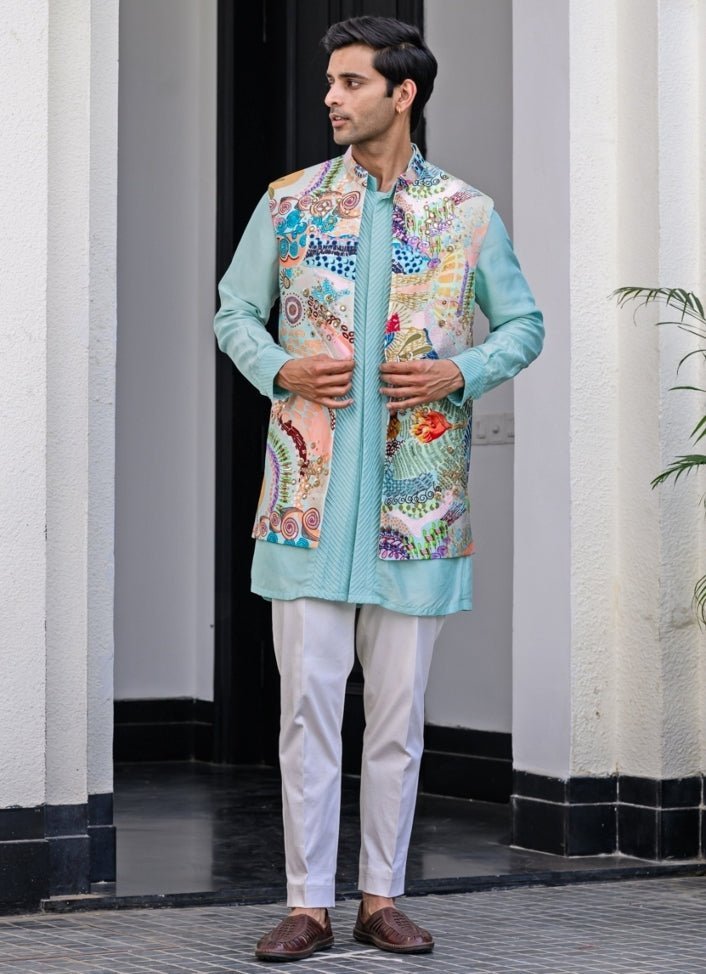 Blue Printed Silk Nehru Jacket Set Juhi Bengani - Men - Fabilicious Fashion