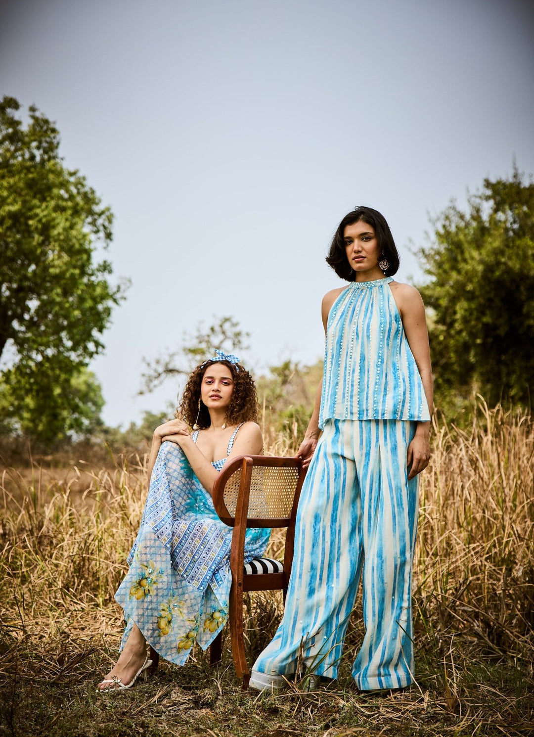 Blue Printed Striped Linen Pant Set Basil Leaf - Fabilicious Fashion