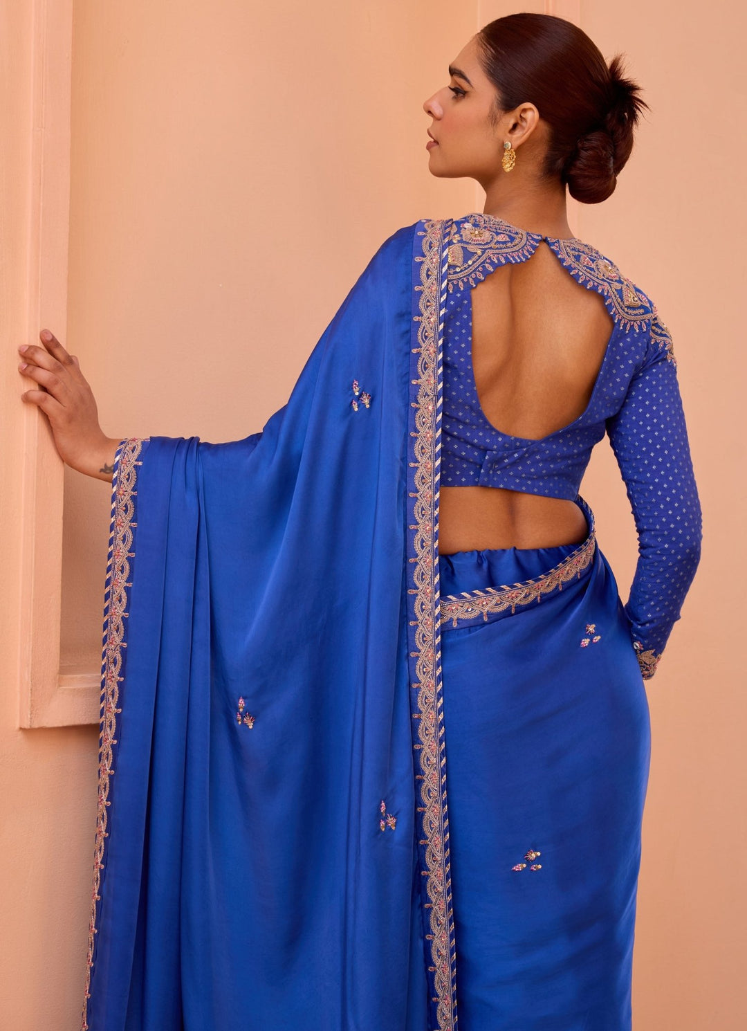 Blue Pure Satin Embroidered Saree Set Isha Gupta Tayal - Fabilicious Fashion
