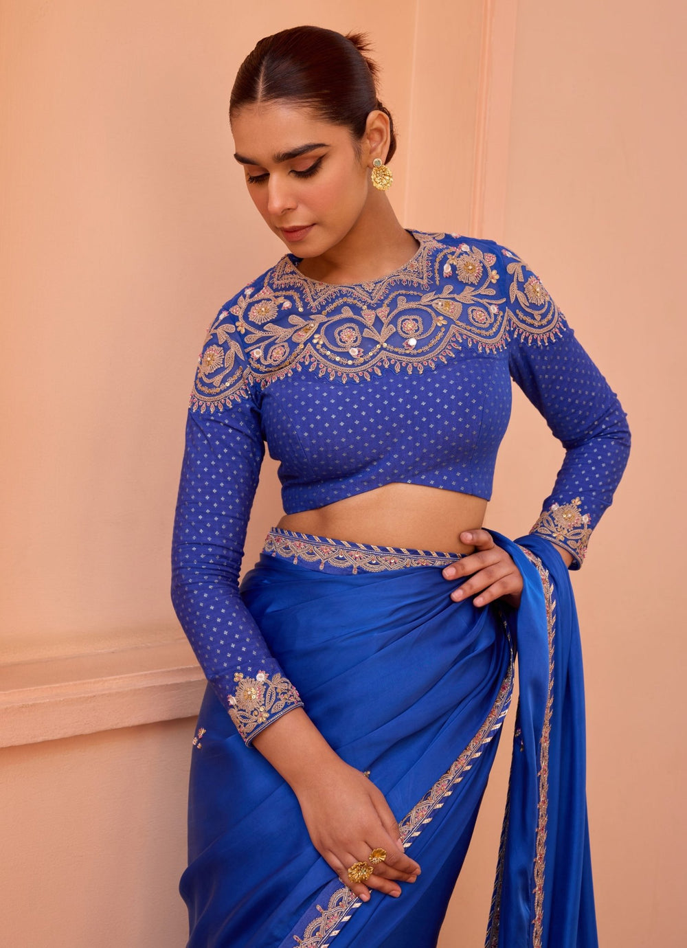 Blue Pure Satin Embroidered Saree Set Isha Gupta Tayal - Fabilicious Fashion