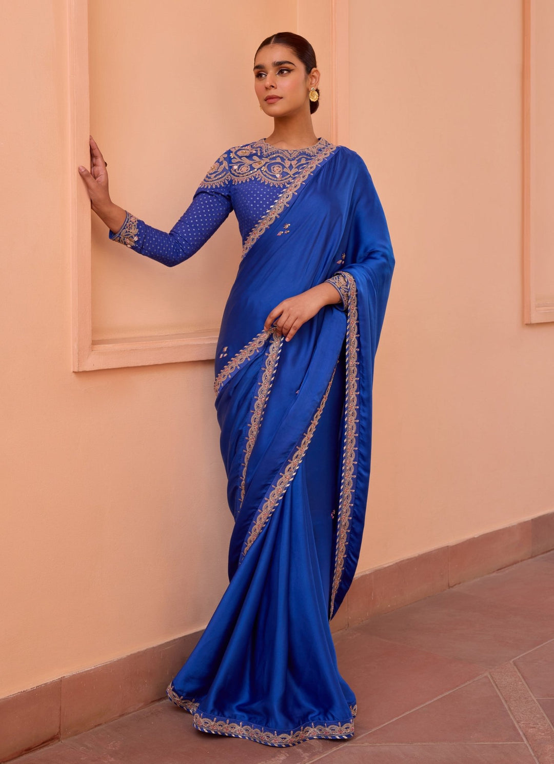 Blue Pure Satin Embroidered Saree Set Isha Gupta Tayal - Fabilicious Fashion
