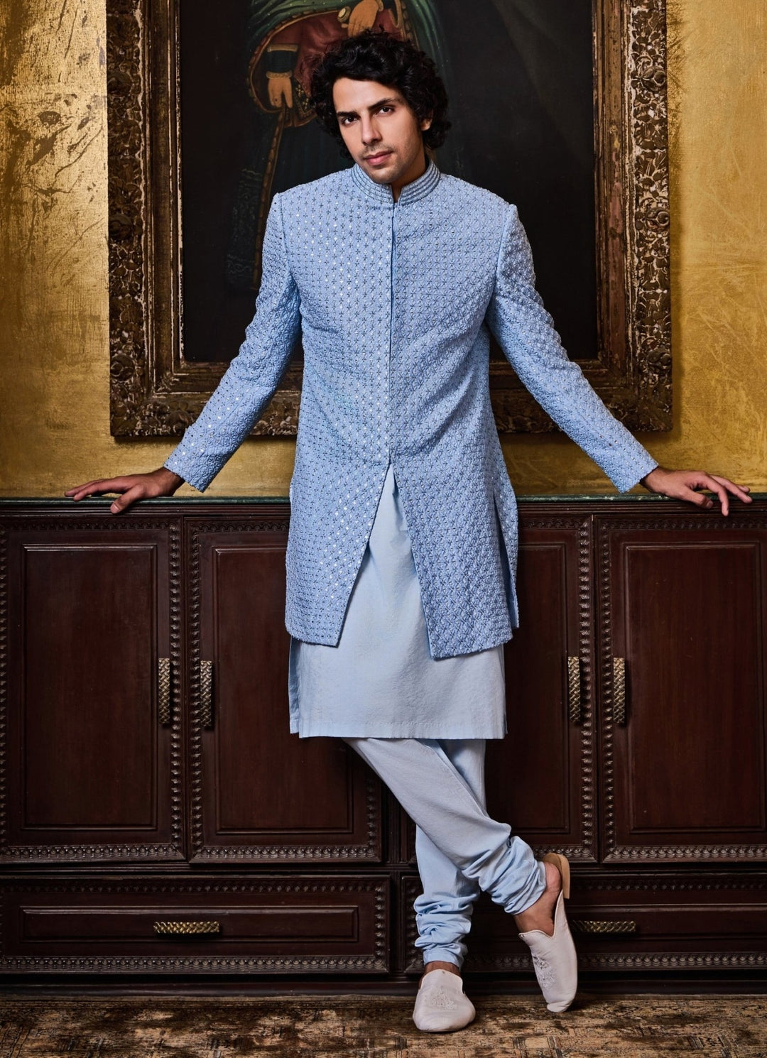 Blue Raw Silk Sherwani Set Nitika Gujral - Men - Fabilicious Fashion