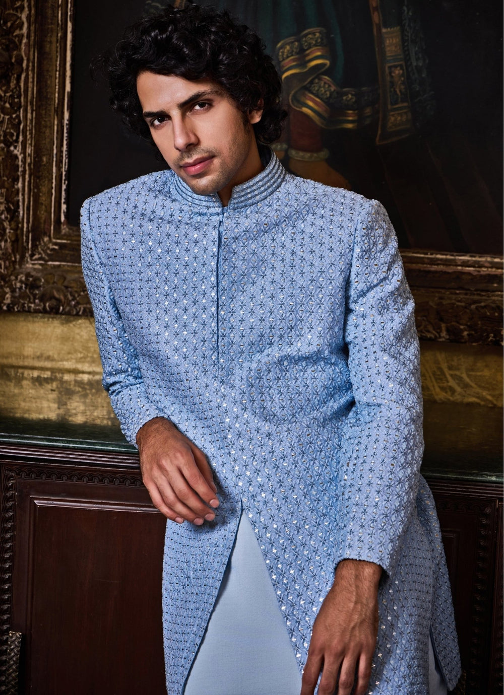 Blue Raw Silk Sherwani Set Nitika Gujral - Men - Fabilicious Fashion