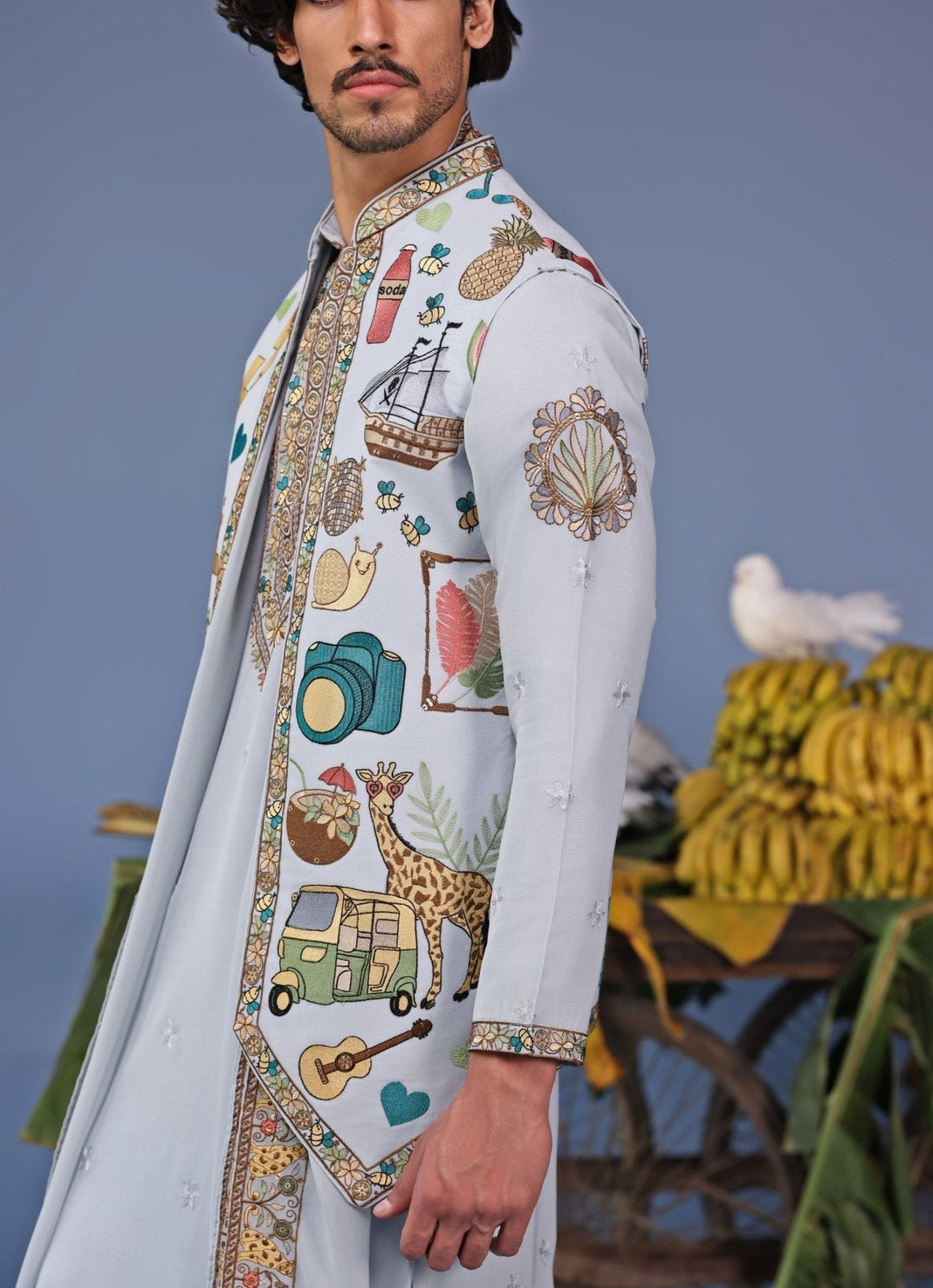 Blue Resham Embroidered Kurta Jacket Set Kalpraag - Fabilicious Fashion